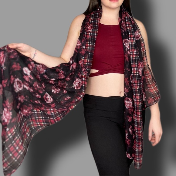 Oversize Floral Black and Red Scarf Wrap Extra Long - Picture 2 of 10